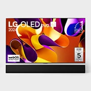 Front view with LG OLED evo AI TV, OLED G4, 11 Years of world number 1 OLED Emblem, webOS Re:New Program logo, and 5-Year Panel Warranty logo on screen, as well as the Soundbar below