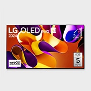 Front view with LG OLED evo AI TV, OLED G4, 11 Years of world number 1 OLED Emblem, webOS Re:New Program logo, and 5-Year Panel Warranty logo on screen