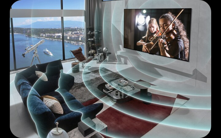 LG OLED evo M4 in a modern city apartment. A grid overlay appears over the image like a scan of the space, and then blue soundwaves project from the screen, perfectly filling the room with sound.