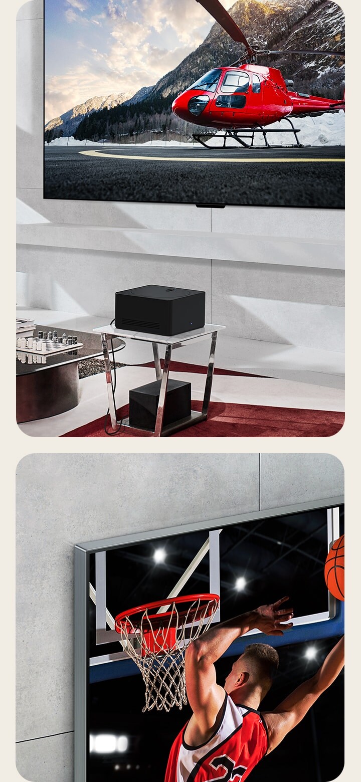 On the left, an LG OLED evo M4 within an angled perspective close-up, flat against a marbled wall showing how it merges with the wall. On the right, an LG OLED evo M4 mounted flat against a wall and a Zero Connect Box placed in front with devices tucked neatly underneath.
