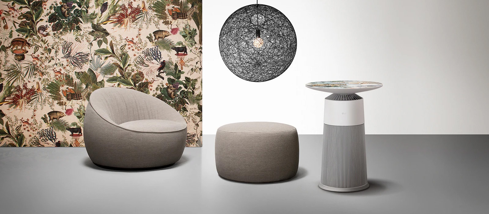 LG air purifier equipped with moooi's Memento Mooi Medley product and a wall with Moooi's pattern drawn on it.	