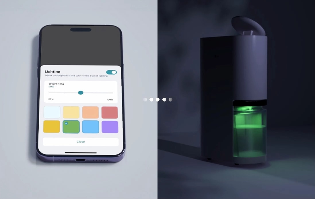 Using the LG ThinQ™ app, you can adjust the color of the bucket light to your liking and use it like a mood lamp.	