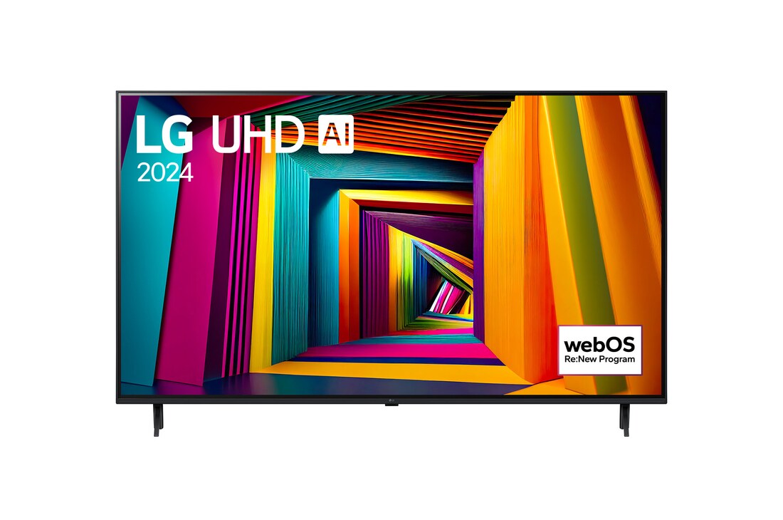 Front view of LG UHD TV, UT90 with text of LG UHD AI, 2024, and webOS Re:New Program logo on screen