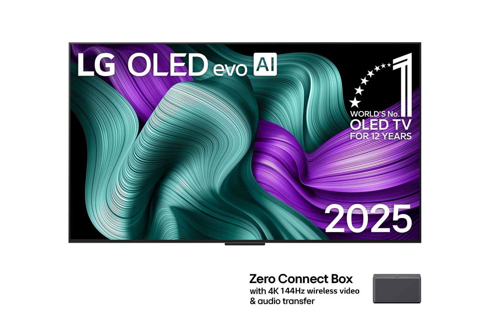 Front view of LG OLED M5 TV. 12 Years of world number 1 OLED emblem and LG OLED evo AI 2025 logo are on the screen. Zero Connect Box in the corner with the title, Zero Connect Box with 4K 144Hz wireless video & audio transfer