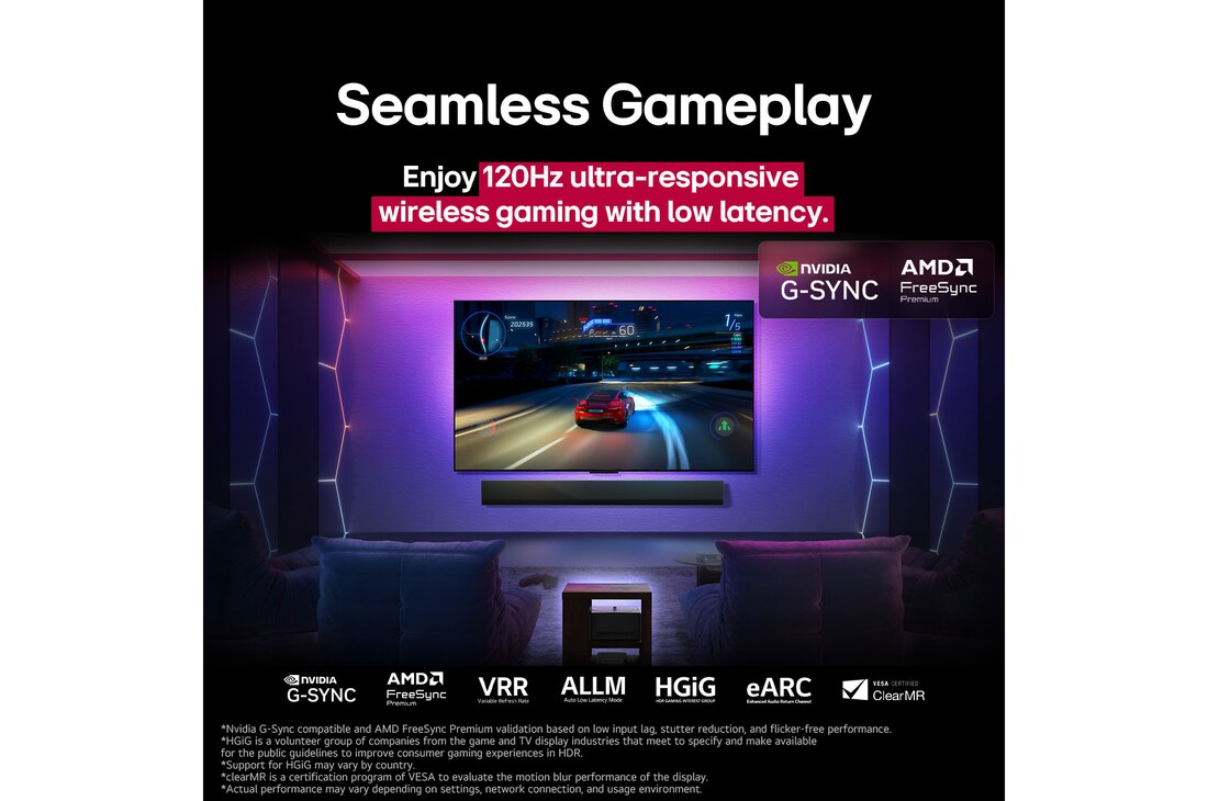 LG OLED M5 TV with a game being played on its screen showcasing the smooth and seamless gameplay. Zero Connect Box is seen, but blends well with the space. Gaming certifications are visible. Text talks about 120Hz ultra-responsive wireless gaming with low latency.