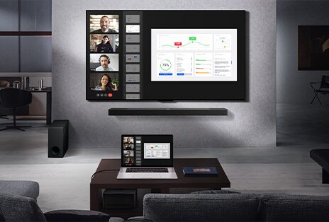 Living room with an LG True Wireless TV on a stand. The Zero Connect Box is barely seen under a side table by the couch, showing how it can easily be placed anywhere. The whole living room's layout is visually neat and tidy. 	 Clutter-Free	 Transform your space to be as visually pleasing as possible. Keep everything clean and neat without cable clutter around your TV.	 	 	 Living room with a view from the couch, facing a wall-mounted LG True Wireless TV and LG Soundbar. On the coffee table is a laptop that's connected to the Zero Connect Box that's barely seen under the table. The laptop screen, which has a live video call, is wirelessly mirrored on the TV screen. The whole space is neat and free from wire clutter.	