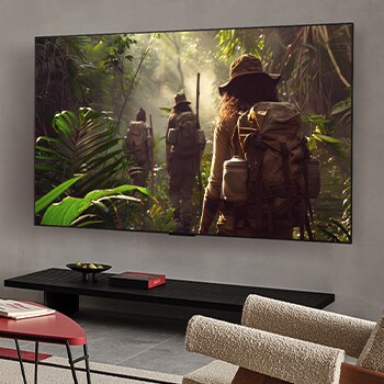 Wide view of a living room inside a premium home, an LG OLED TV is mounted on the wall. The TV's Ultra Slim Design blends elegantly with the wall and the interior design.