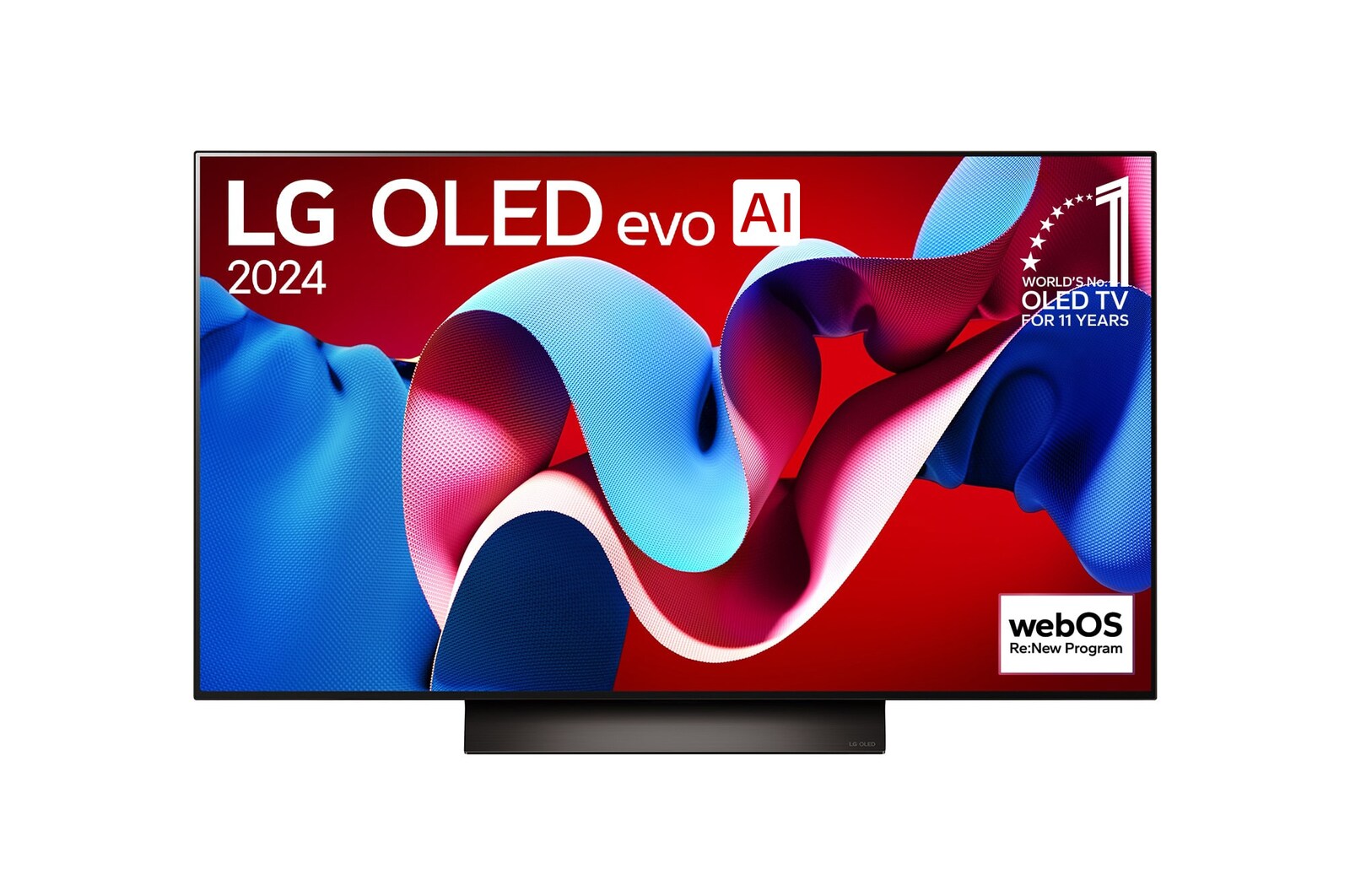 Front view with LG OLED evo AI TV, OLED C4, 11 Years of world number 1 OLED Emblem and webOS Re:New Program logo on screen