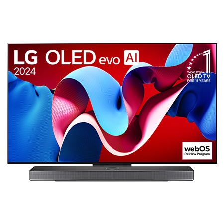 Front view with LG OLED evo TV, OLED C4, 11 Years of world number 1 OLED Emblem logo and webOS Re:New Program logo on screen, as well as the Soundbar below