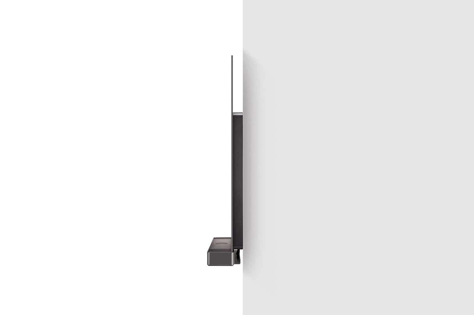Side view of LG OLED evo TV, OLED C4 attached to the wall with the Synergy Bracket