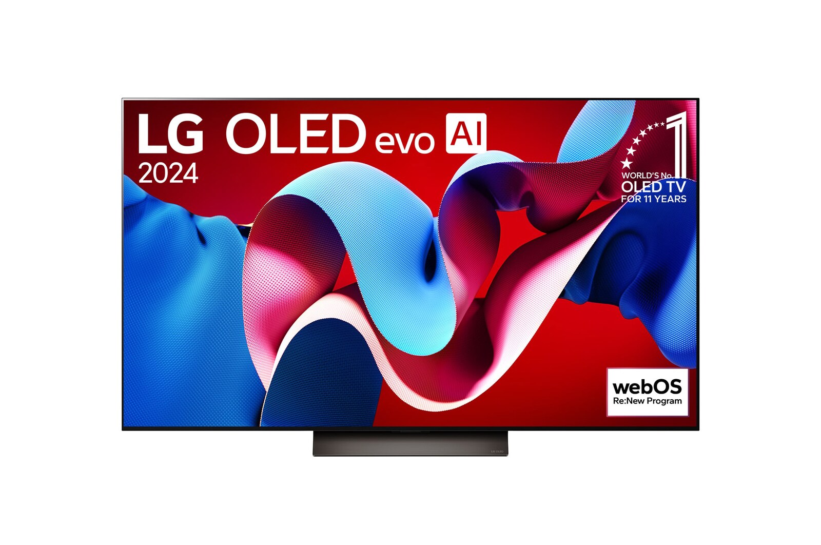 Front view with LG OLED evo AI TV, OLED C4, 11 Years of world number 1 OLED Emblem logo and webOS Re:New Program logo on screen