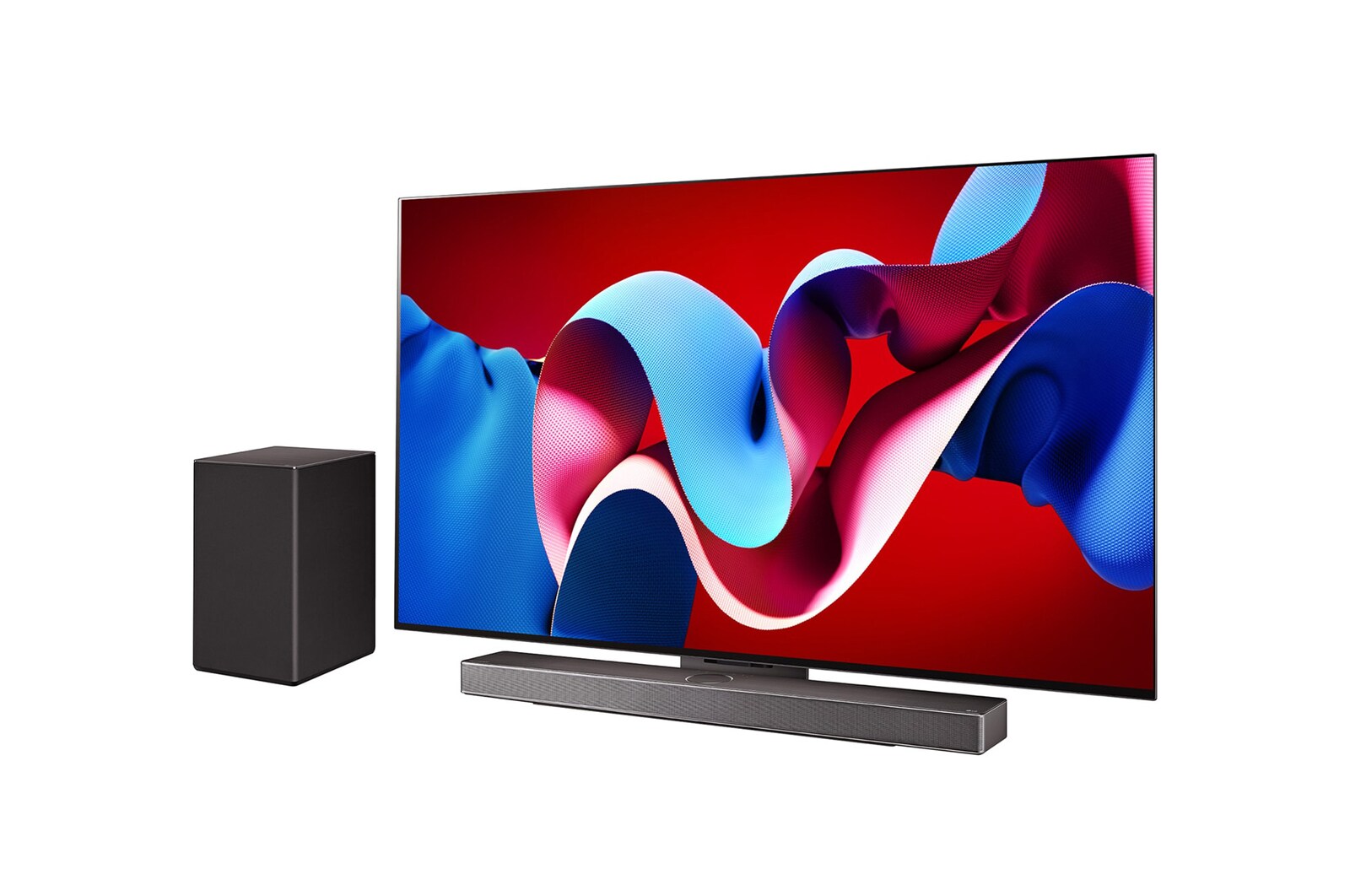 Slightly-angled right-facing side view of LG OLED evo TV, OLED C4 with LG Soundbar below and a subwoofer to the side