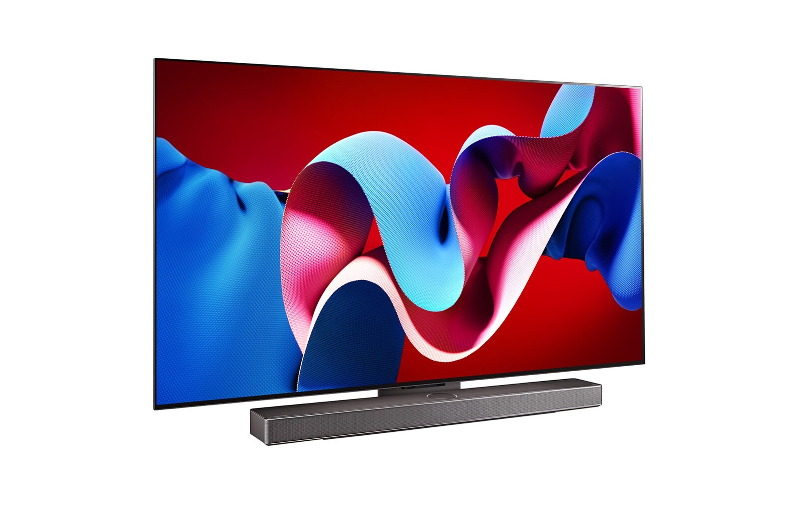Slightly-angled right-facing side view of LG OLED evo TV, OLED C4 with LG Soundbar below