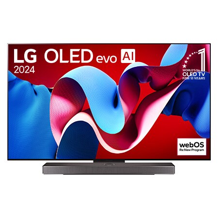 Front view with LG OLED evo TV, OLED C4, 11 Years of world number 1 OLED Emblem logo and webOS Re:New Program logo on screen, as well as the Soundbar below