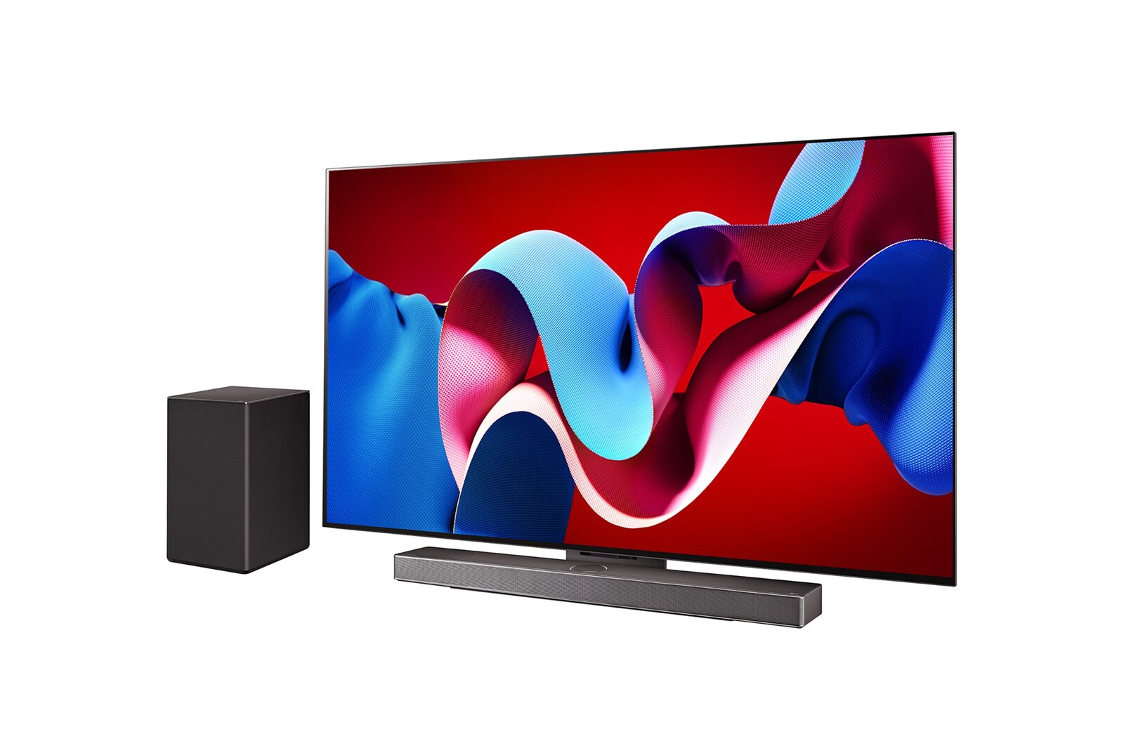 Slightly-angled right-facing side view of LG OLED evo TV, OLED C4 with LG Soundbar below and a subwoofer to the side