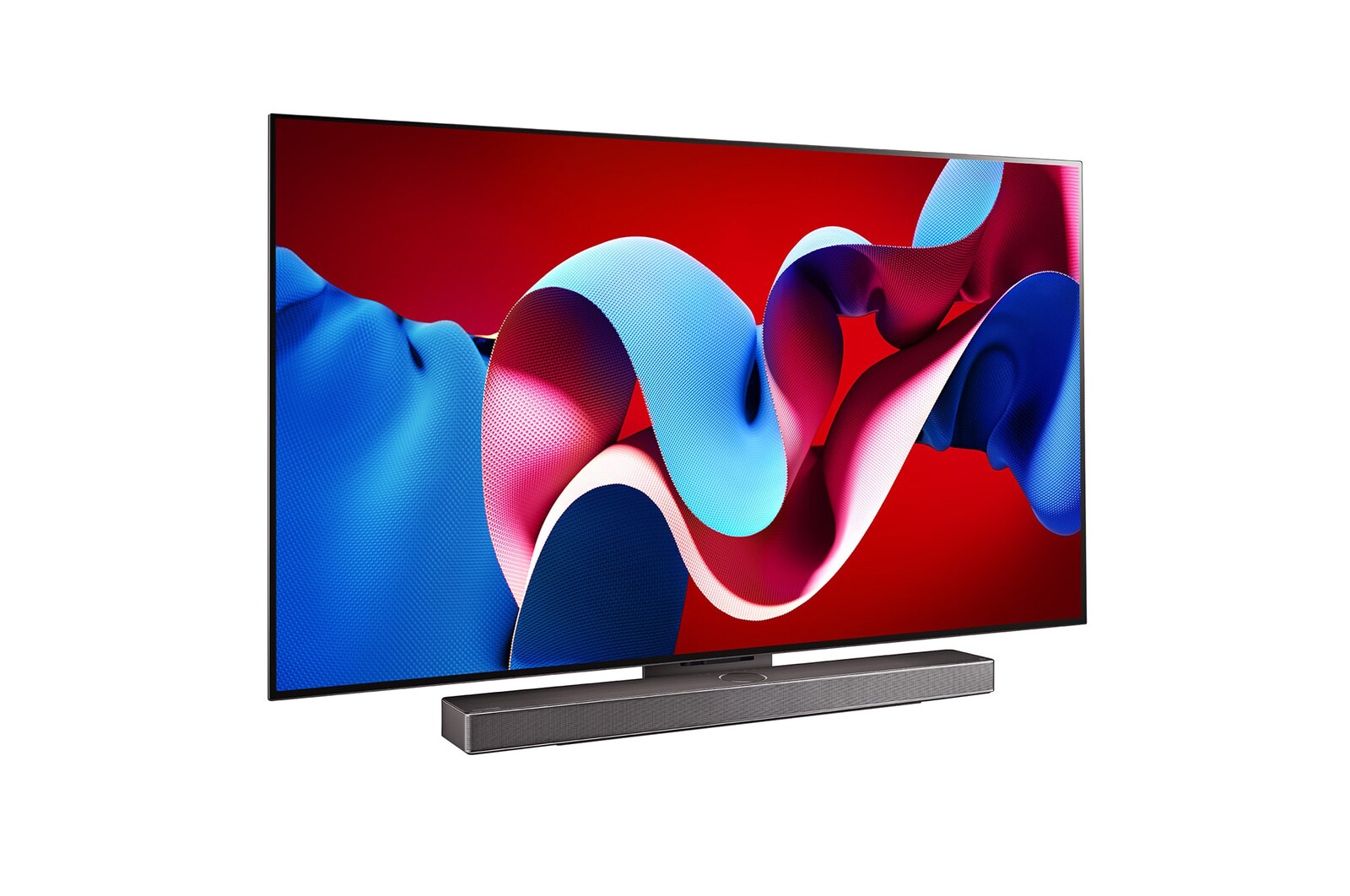 Slightly-angled right-facing side view of LG OLED evo TV, OLED C4 with LG Soundbar below