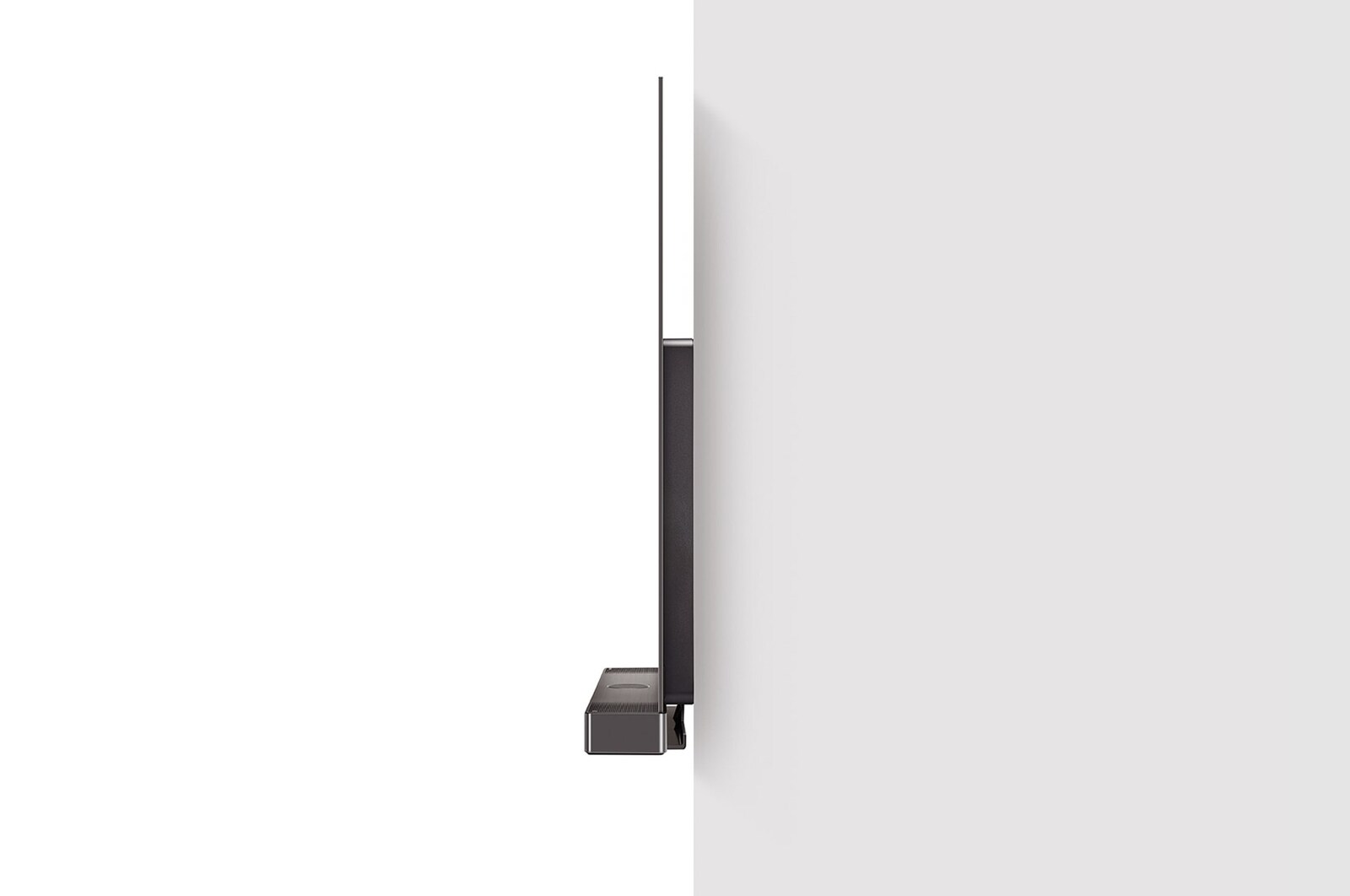 Side view of LG OLED evo TV, OLED C4 attached to the wall with the Synergy Bracket