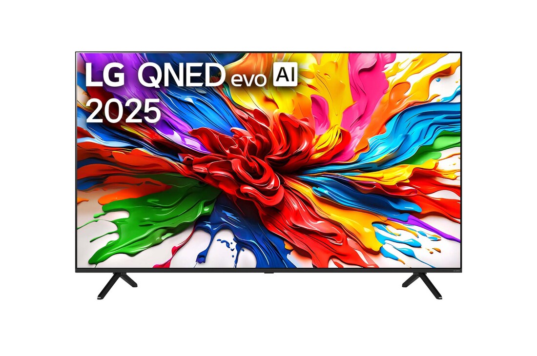 Front view of LG QNED evo QNED92 TV, LG QNED evo Al Logo on the top corner. LG QNED evo TV depicts colorful paintike textures coming together.