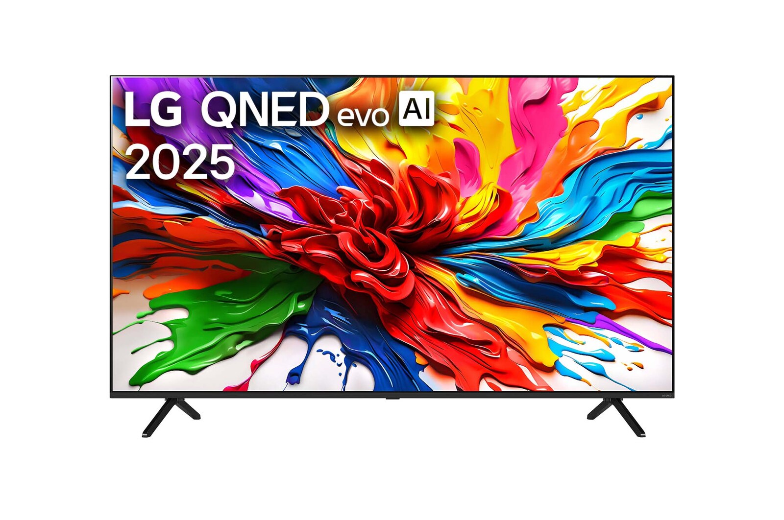 Front view of LG QNED evo QNED92 TV, LG QNED evo Al Logo on the top corner. LG QNED evo TV depicts colorful paintike textures coming together.