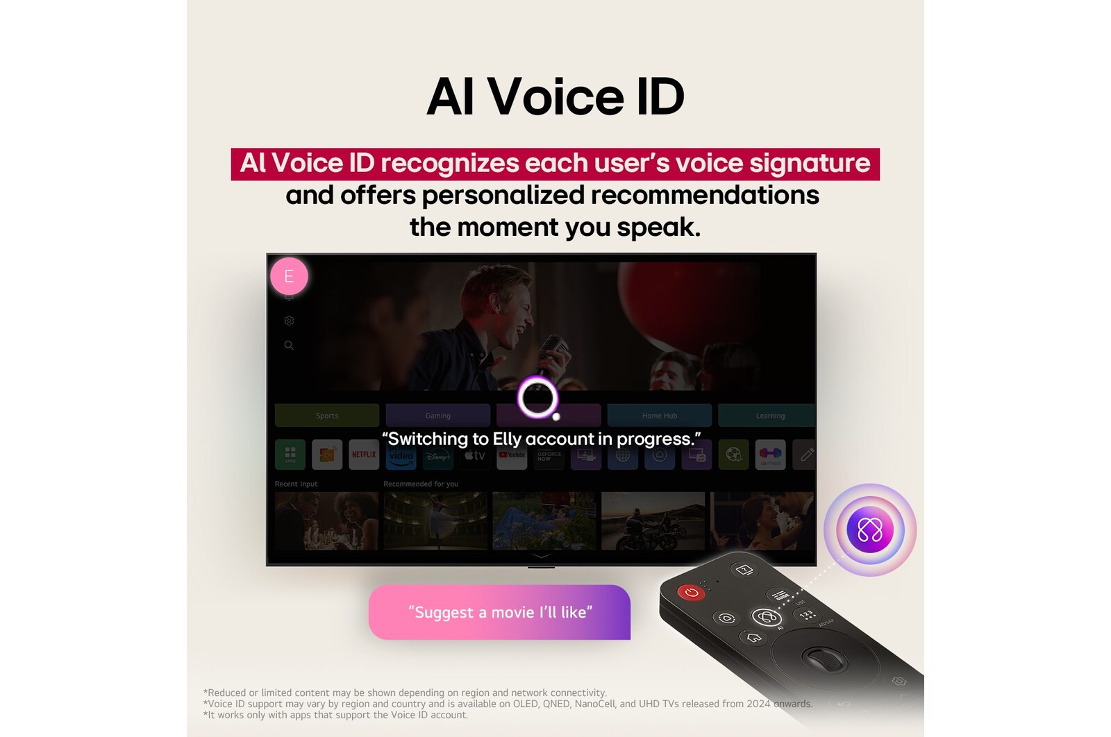 LG TV screen with an AI Magic Remote on the foreground. The AI button is highlighted and a speech bubble shows text, suggest a movie I like. On the screen we see the user icon E, indicating how AI Voice ID was able to identify which user it was and give personalized recommendations just based on their voice. 
