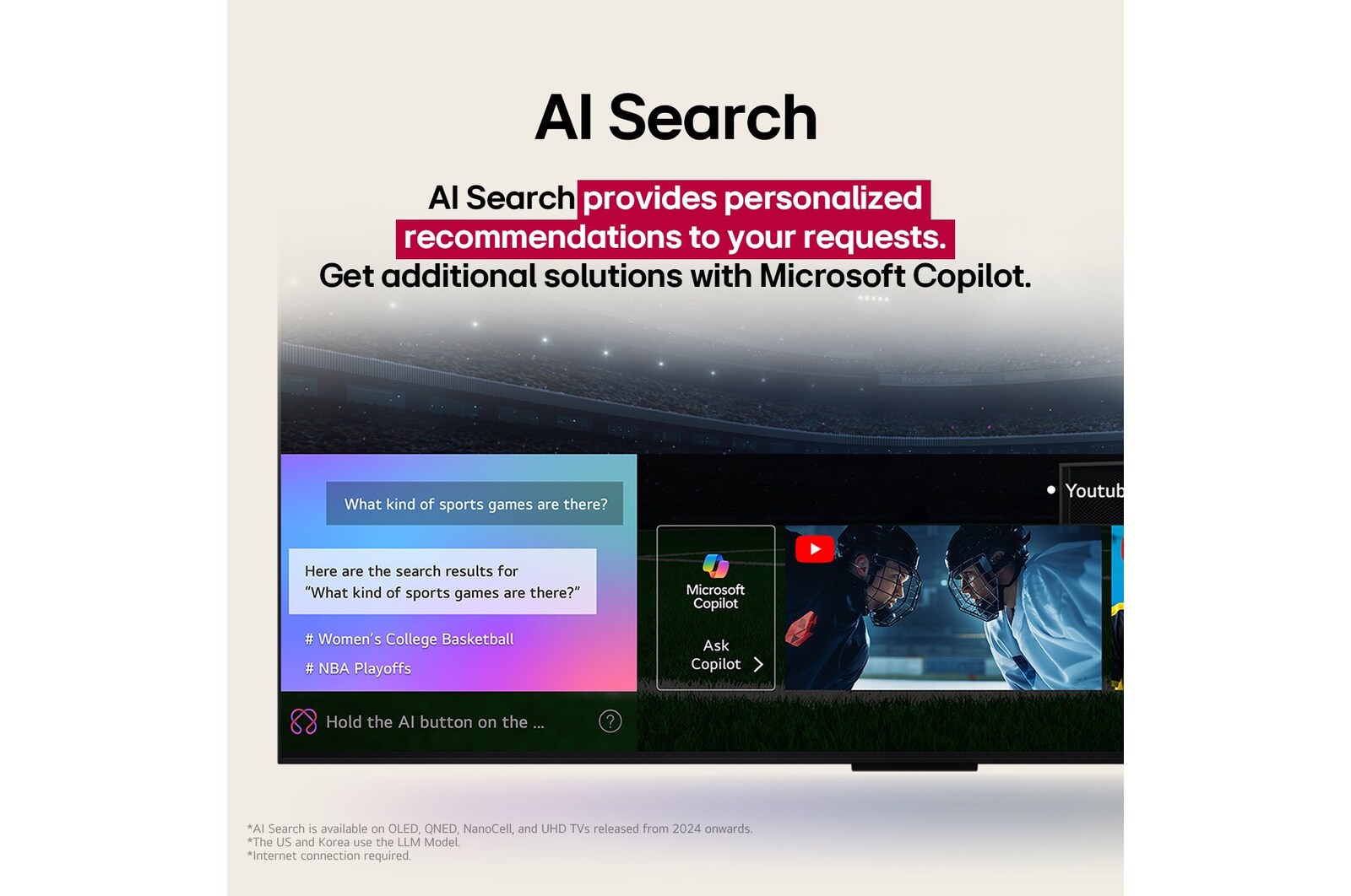 Close-up of an LG TV screen showing how AI Search works. A small chat window is open showing how the user asked for what sports games are available. AI search responded via chat and by showing thumbnails of available content. There is also a prompt to ask Microsoft Copilot. 