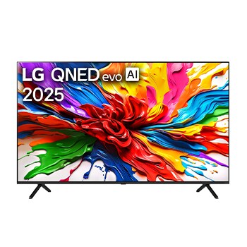 Front view of LG QNED evo QNED92 TV, LG QNED evo Al Logo on the top corner. LG QNED evo TV depicts colorful paintike textures coming together.