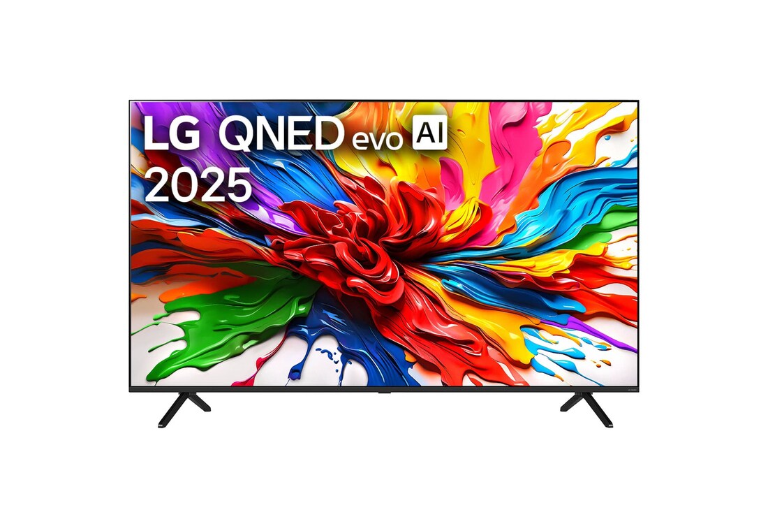 Front view of LG QNED evo QNED92 TV, LG QNED evo Al Logo on the top corner. LG QNED evo TV depicts colorful paintike textures coming together.