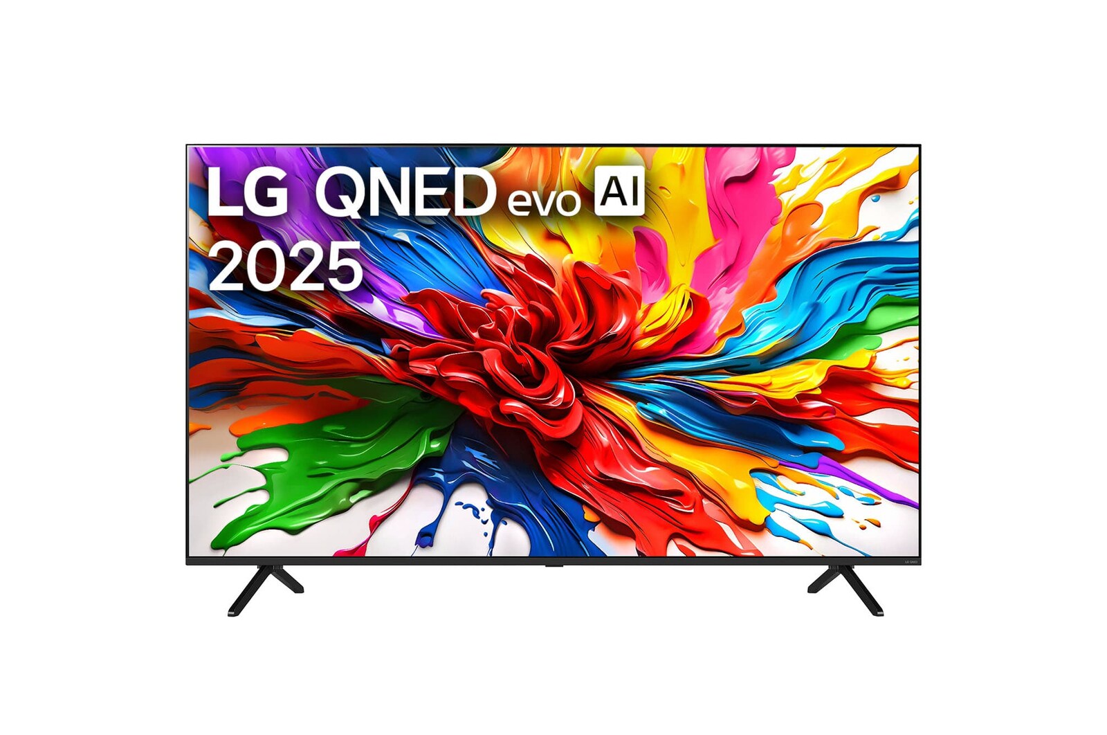Front view of LG QNED evo QNED92 TV, LG QNED evo Al Logo on the top corner. LG QNED evo TV depicts colorful paintike textures coming together.