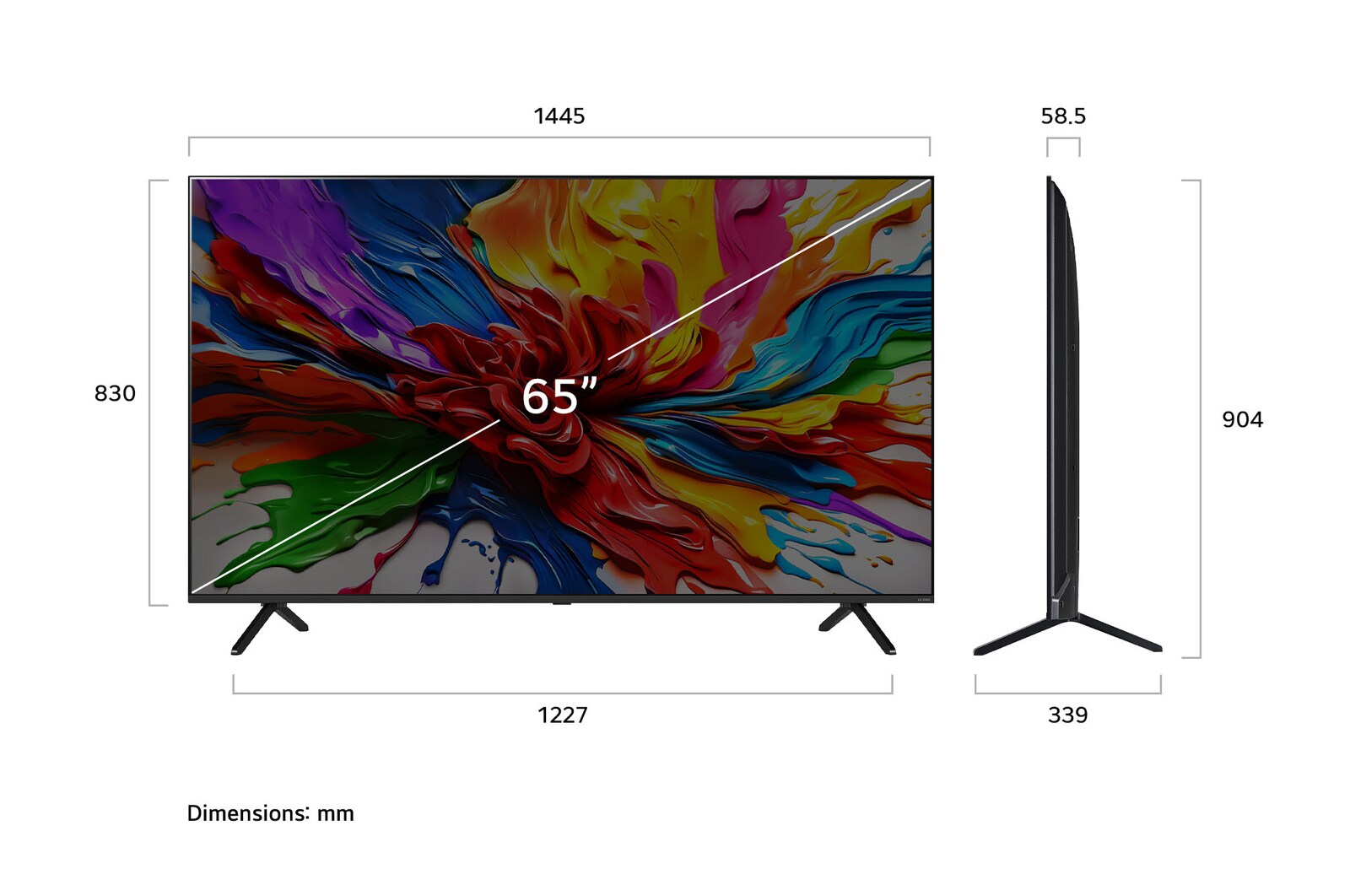 Front view and side view of LG QNED evo AI QNED92 4K Smart TV showing its length, width, height, and depth dimensions.