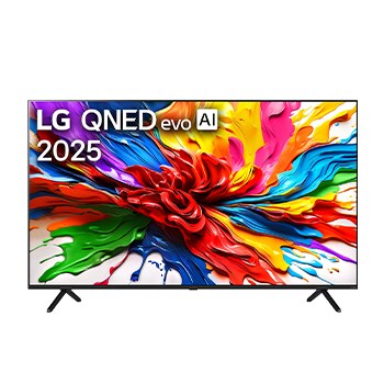 Front view of LG QNED evo QNED92 TV, LG QNED evo Al Logo on the top corner. LG QNED evo TV depicts colorful paintike textures coming together.