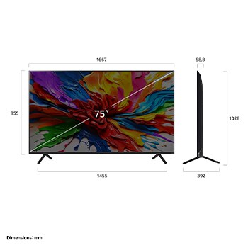 Front view and side view of LG QNED evo AI QNED92 4K Smart TV showing its length, width, height, and depth dimensions.