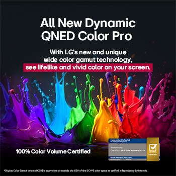 Splashes of paint burst from the floor up in diverse colors. Intertrek certification that shows independent testing placed below the image. The title talks about LG's new and unique wide color gamut technology that allows you to see vivid color on your screen.