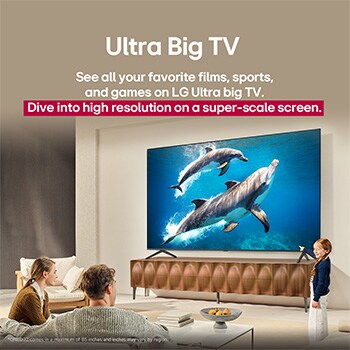 A family sits on a couch facing a LG QNED TV sitting above a TV stand with a little girl pointing to a screen depicting two dolphins. The title talks about how you can enjoy high resolution on a massive screen.