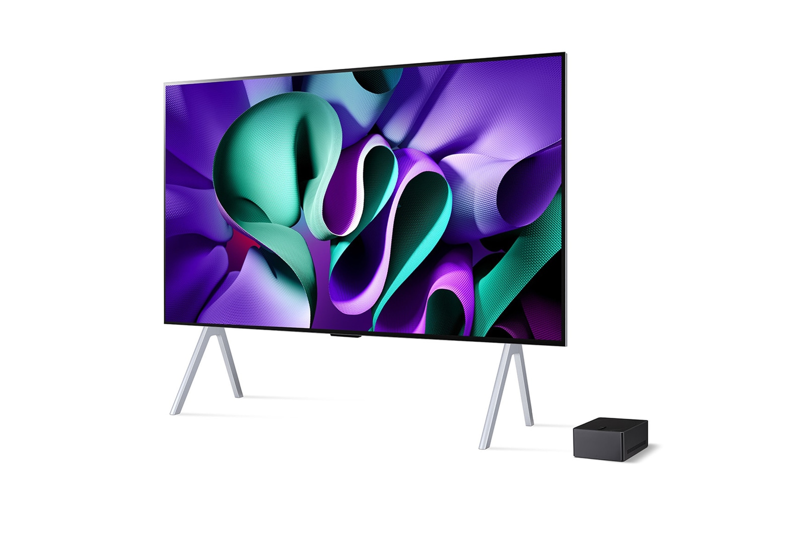 Slightly-angled left-facing side view of LG OLED M4 on the stand  with the Zero Connect Box below it