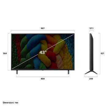 Front view and side view of LG NanoCell NANO80 AI 4K Smart TV showing its length, width, height, and depth dimensions.