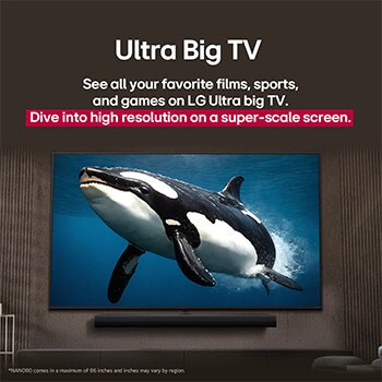 LG TV with an impressively large screen mounted on a wall above a LG Soundbar in a modern style living room.