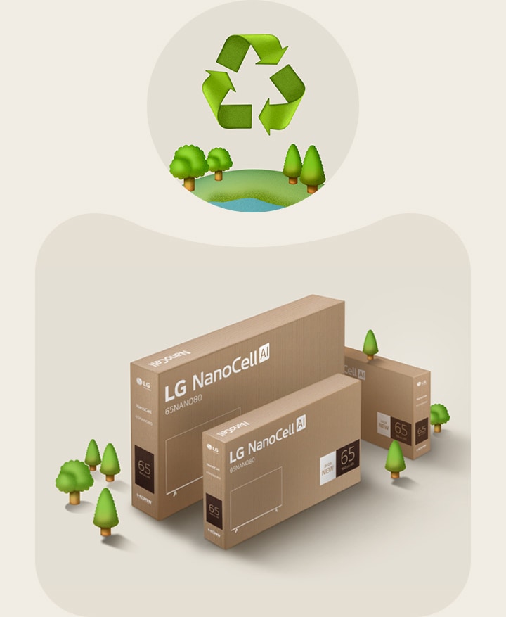 LG NanoCell packaging against a beige background with illustrated trees.