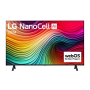 Front view of LG NanoCell TV, NANO80 with text of LG NanoCell, 2024, and webOS Re:New Program logo on screen