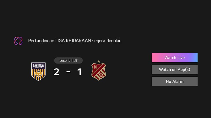 Sports Notification ditampilkan. Itu adalah pengingat pertandingan liga kejuaraan yang akan segera dimulai. Tombol CTA juga terlihat, tonton langsung, tonton di aplikasi, tidak ada alarm.