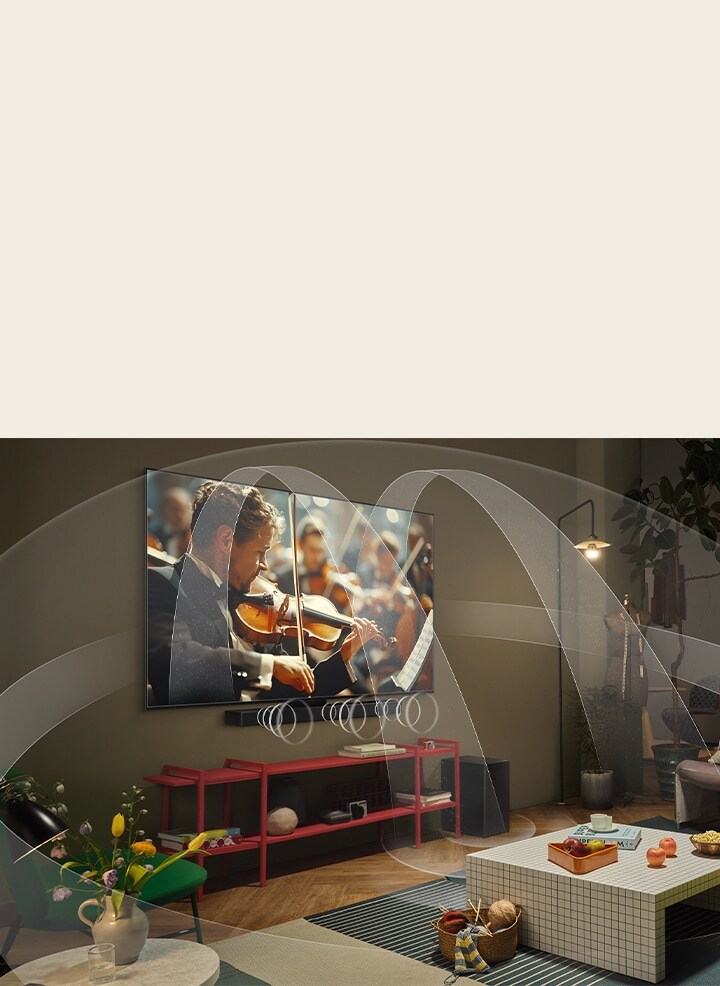 Ruang tamu dengan LG OLED TV dan LG Soundbar dengan grafis yang merepresentasikan bagaimana kedua perangkat tersebut mengisi ruang dengan suara multi-surround.
