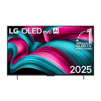 Tampilan depan Smart TV 4K LG OLED evo AI C5. Lambang 12 Tahun OLED nomor 1 dunia dan logo LG OLED evo AI 2025 pada layar.