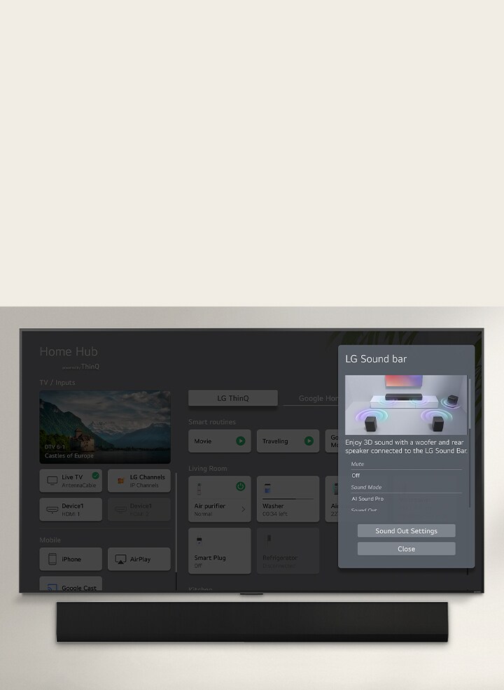LG Soundbar berada di bawah LG OLED TV. Pada layar TV terdapat UI untuk soundbar dan kontrol volume TV. 