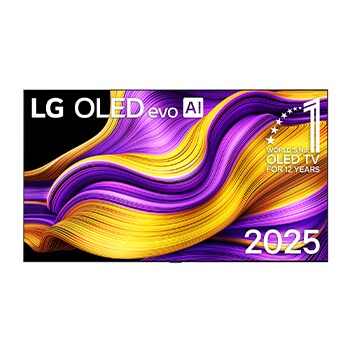 Tampilan depan Smart TV 4K LG OLED evo AI G5. Lambang 12 Tahun OLED nomor 1 dunia dan logo LG OLED evo AI 2025 pada layar.