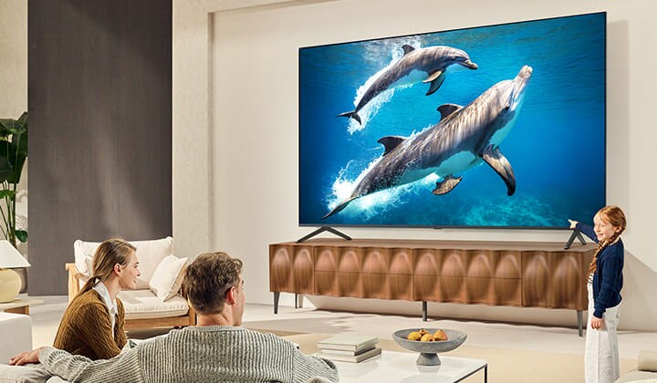 Seorang gadis dan seekor anjing duduk di depan LG QNED TV yang terpasang di dinding yang menggambarkan tiga gajah berjalan keluar di atas LG Soundbar. 