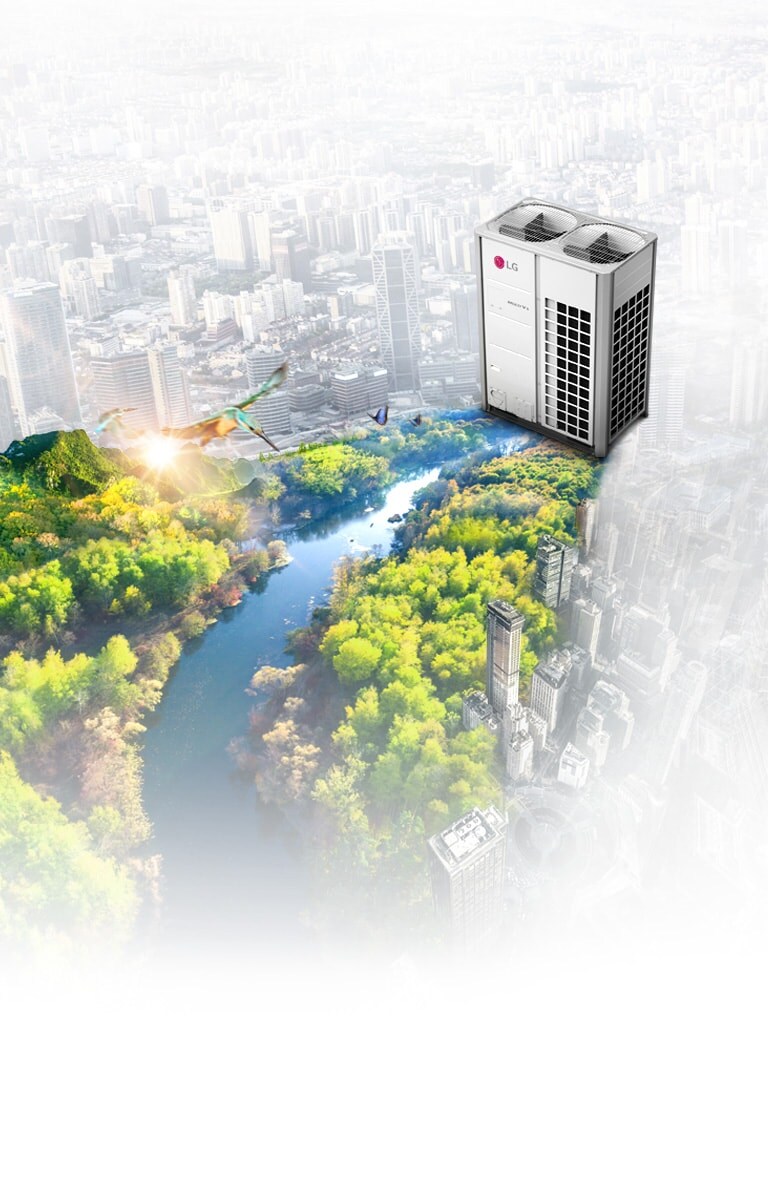 The image of the LG MULTI V 5 PRO shows the unit on a background blending a cityscape with a vibrant, green park.