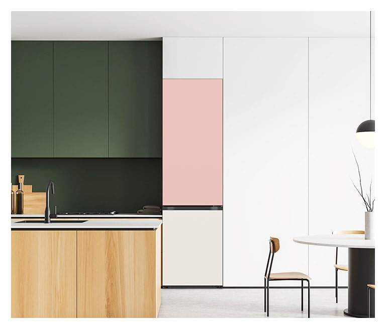 It shows mist beige color LG Bottom Freezer Objet Collection is placed in the kitchen that matches naturally to the furniture around.