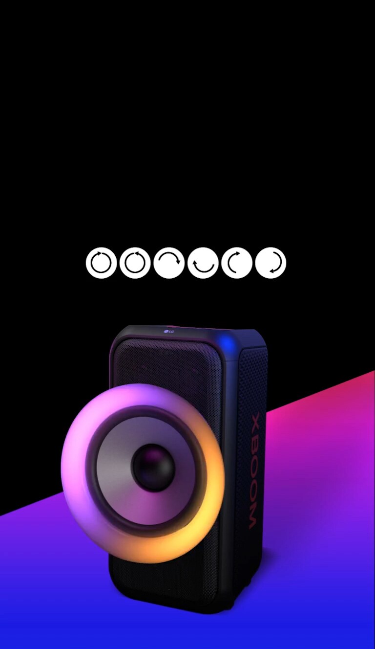 Teks ditempatkan pada area berwarna hitam, dan piktogram gerakan multi color ring lighting ditampilkan; searah jarum jam, berlawanan arah jarum jam, setengah lingkaran atas dan bawah, setengah lingkaran kiri dan kanan, dan efek flash. Speaker ditempatkan pada sudut 45 derajat ke kiri. Dan terdapat area berwarna gradien ungu di bawahnya untuk tujuan desain. Woofer 6,5 inci dibesar-besarkan untuk menyoroti berbagai warnanya.