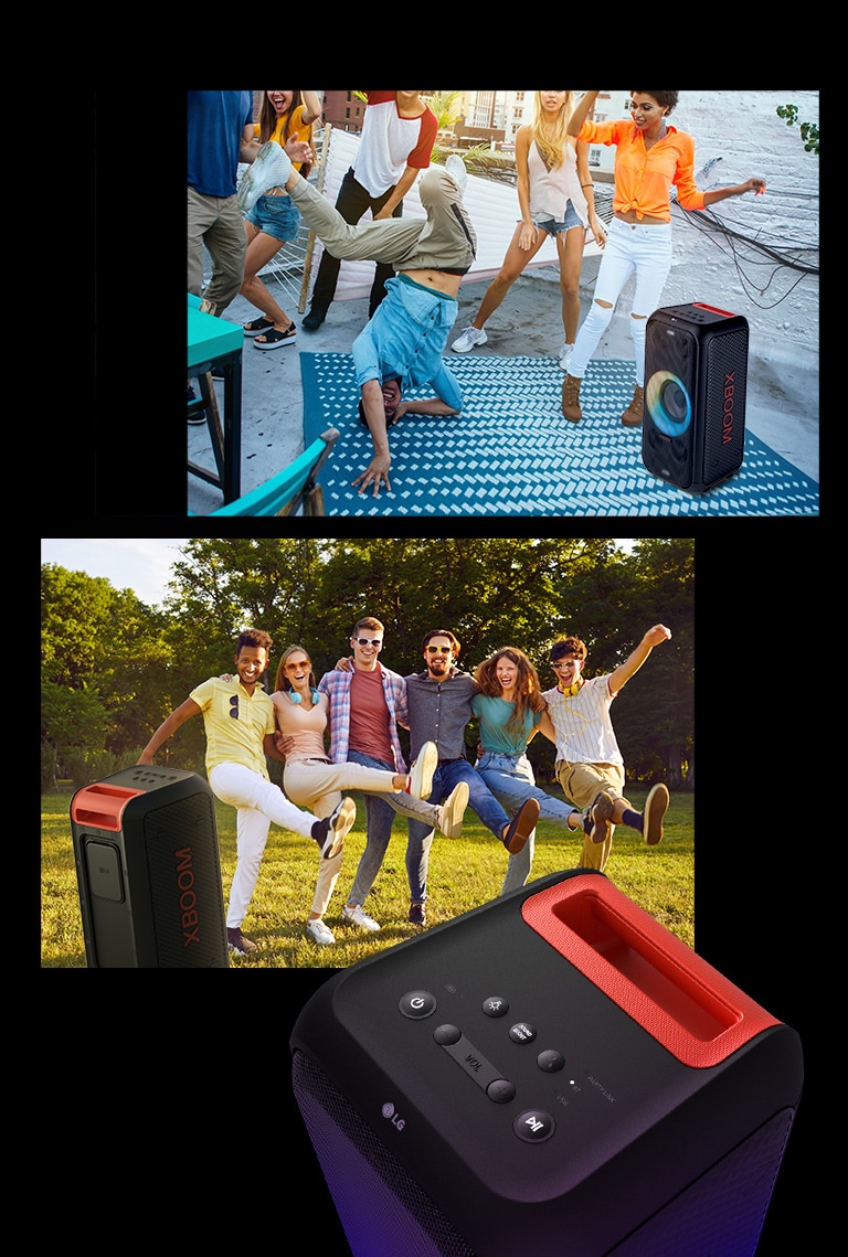 Dari atas ke bawah: Ada beberapa orang yang menari di sekeliling speaker. Di taman, sekelompok orang menikmati musik dengan speaker. Gambar terakhir menunjukkan bagian atas produk dari jarak dekat.