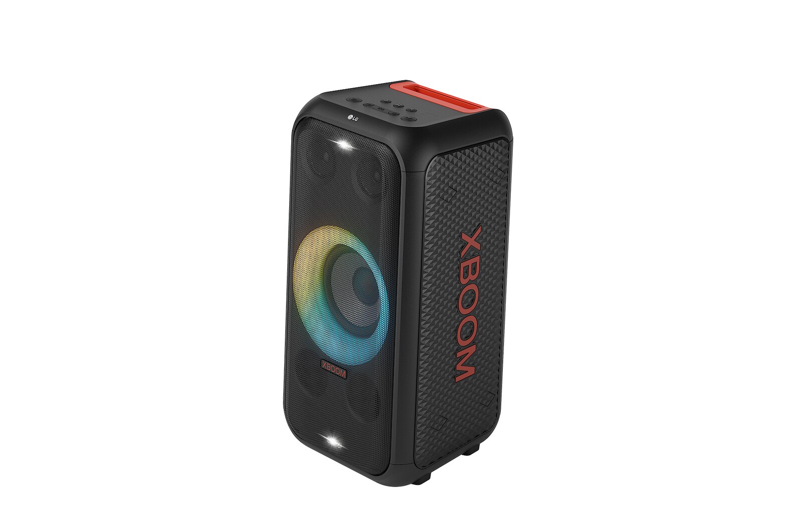 Right side forward with all lighting on. It shows XBOOM logo.