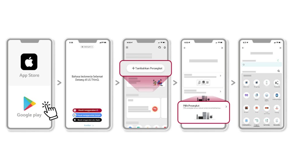 Proses pemasangan aplikasi LG ThinQ dijelaskan secara berurutan pada enam layar ponsel